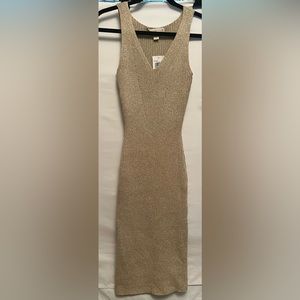 NWT XS Michael Kors gold midi stretch, form fitting dress